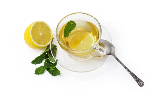Стеклянная Чашка Чая Мятным Листом Ломтиком Лимона Стеклянном Блюдце Чайной — стоковое фото