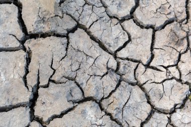 Kuraklık sırasında derin çatlaklarla kaplı kuru zemin, üst taraf yakın plan.
