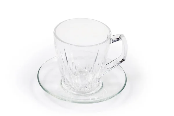 Empty Transparent Glass Tea Cup Handle Glass Saucer White Background — Stock Photo, Image