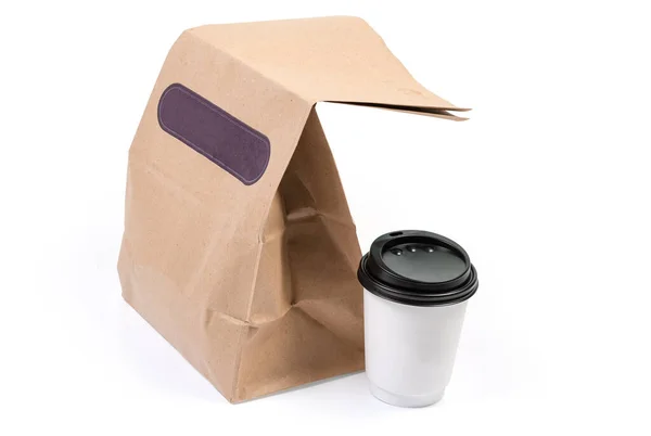 Disposable Brown Paper Food Packaging Bag Paper Cup Closed Lid — Stock Photo, Image