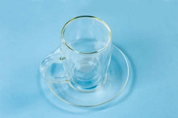 Empty Transparent Glass Cup Handle Double Bottomed Hollow Glass Saucer — Stock Photo, Image