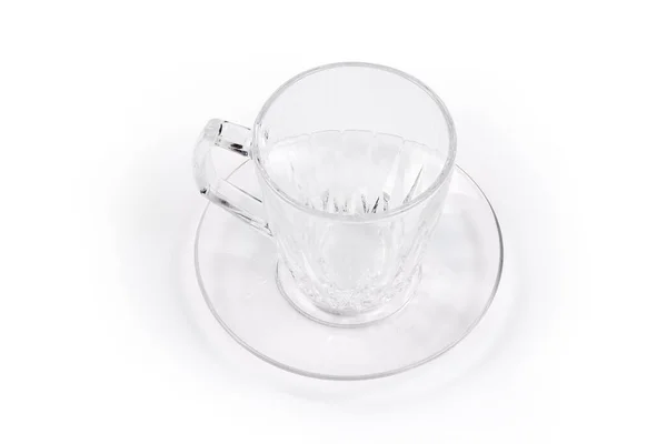 Empty Transparent Glass Cup Handle Glass Saucer White Background — Stock Photo, Image