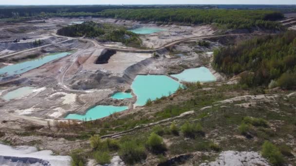 Kaolinite Pit Small Turquoise Quarry Lakes Forest Spring Day Aerial — Stock Video