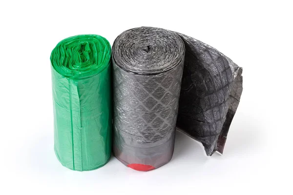 Plastic Disposable Biodegradable Garbage Bags Different Sizes Two Rolls Green — Stock Photo, Image