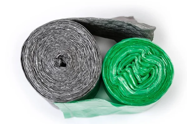 Two Rolls Different Green Gray Disposable Biodegradable Garbage Bags White — Stock Photo, Image