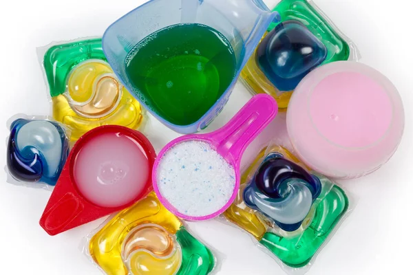 Varios Detergentes Para Ropa Forma Polvo Líquido Gel Tazas Medición — Foto de Stock
