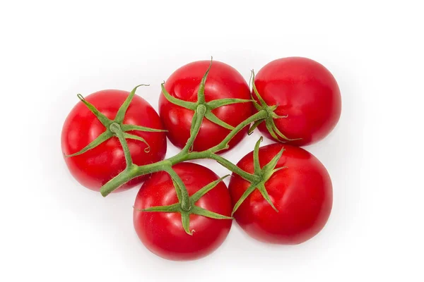 Reife Rote Tomaten Auf Zweig Auf Weißem Hintergrund Nahaufnahme Draufsicht — Stockfoto