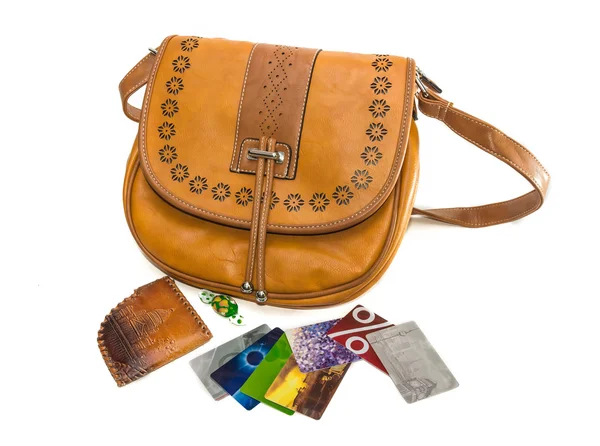 Женская сумка, кошелек и банковские карты — стоковое фото