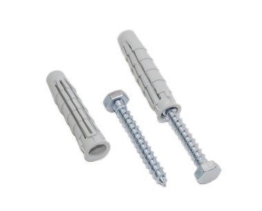 Two wood screws with hex head and two plastic dowel clipart
