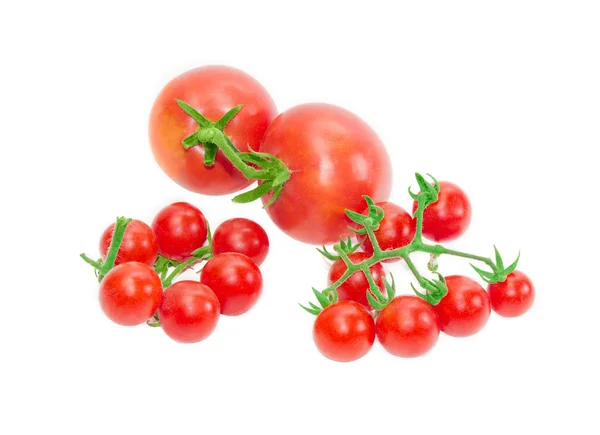 Dvě větve cherry rajčátek a dva konvenční rajčat — Stock fotografie