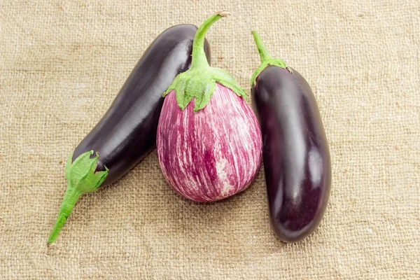 Graffiti aubergine en twee conventionele aubergine op een rouwgewaad — Stockfoto