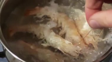 Pişirme sırasında bütün kral karidesi kaynar suda