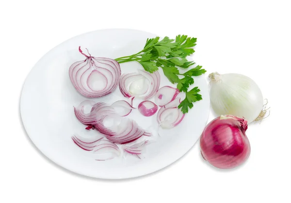Cebola vermelha picada e salsa em um prato branco — Fotografia de Stock