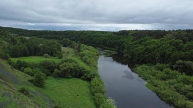 Dik orman kıyıları ve havadan manzaralı düz arazi nehri.