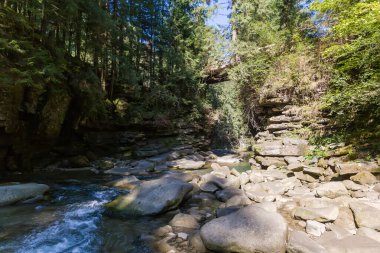 Küçük dağ nehri kanyon benzeri vadide akıyor. Dik kayalık kıyılar süslerle kaplı ve sonbahar güneşli sabahlarında ahşap köprü var.
