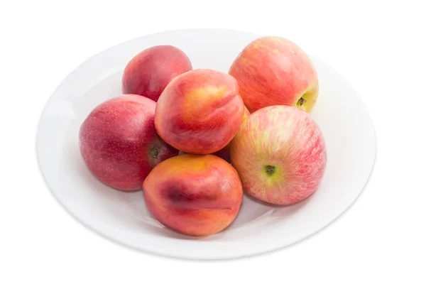 Varias manzanas rojas y nectarinas en un plato blanco — Foto de Stock