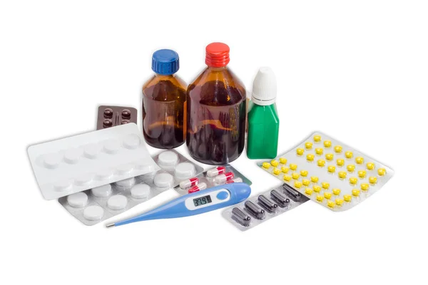 Termómetro clínico e vários frascos e blisters de med — Fotografia de Stock