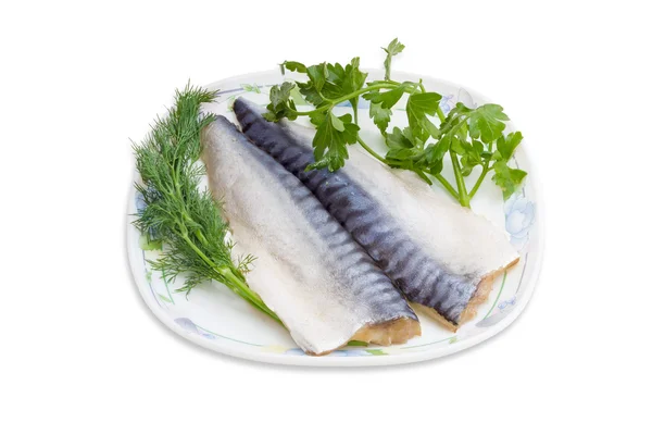 Zwei Filets aus gesalzenen Makrelen, Dill und Petersilie — Stockfoto