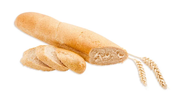 Long wheat bread with bran and two wheat spikes — Stock Photo, Image