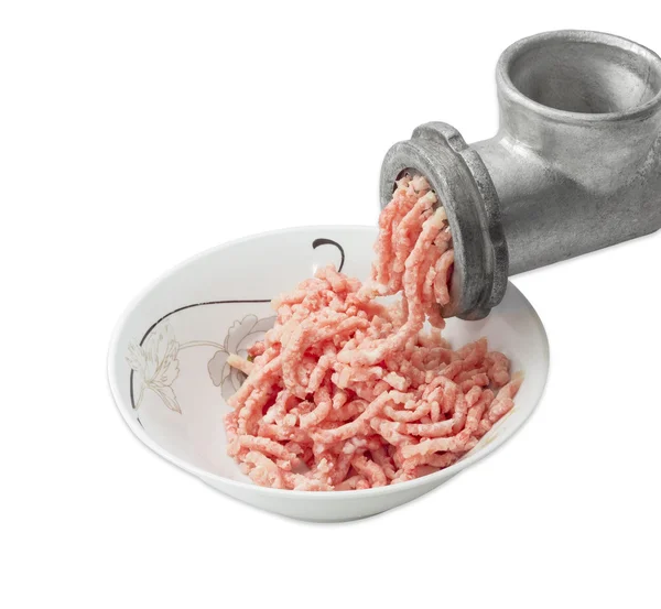 Bowl with ground meat and meat grinder — Stock Photo, Image