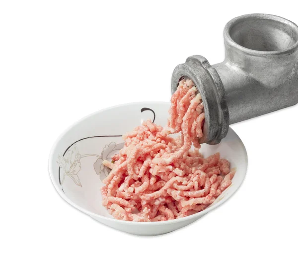 Ciotola con carne macinata e tritacarne — Foto Stock