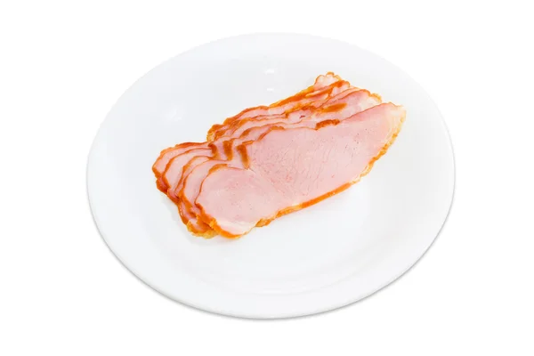 Sliced ham on a white plate — Stock Photo, Image