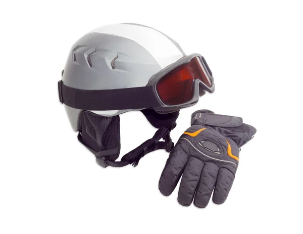 Gri koruyucu kayak kaskı, kayak gözlükleri ve siyah kayak eldiveni — Stok fotoğraf