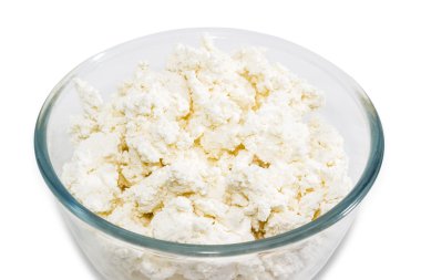 Cottage cheese in glass bowl closeup