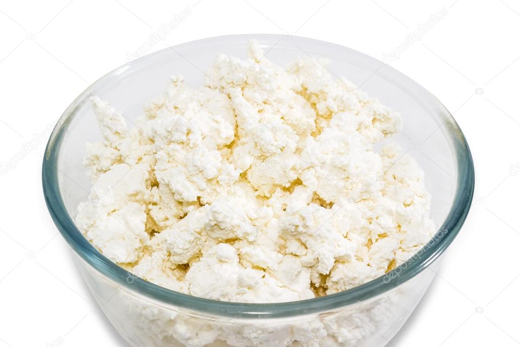 Cottage cheese in glass bowl closeup