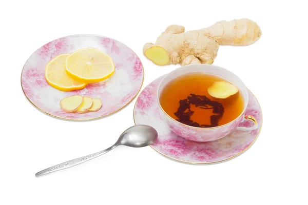 Ginger tea on a background of ginger root — Stock Fotó