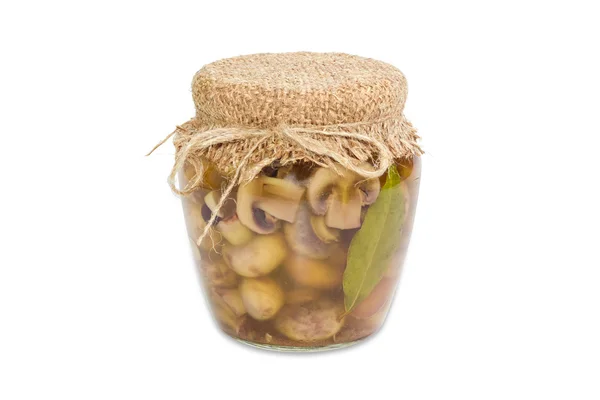 Pickled button mushrooms in glass jar — 스톡 사진