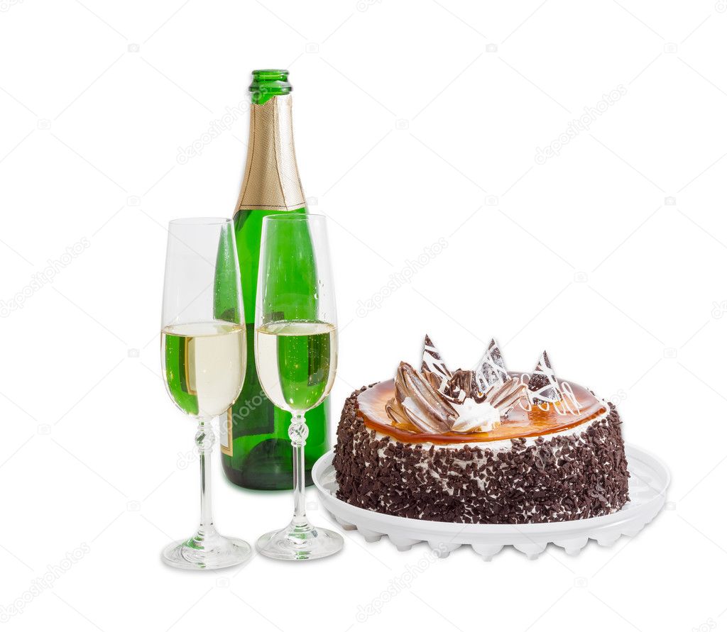 Sparkling wine and sponge cake with jelly and chocolate