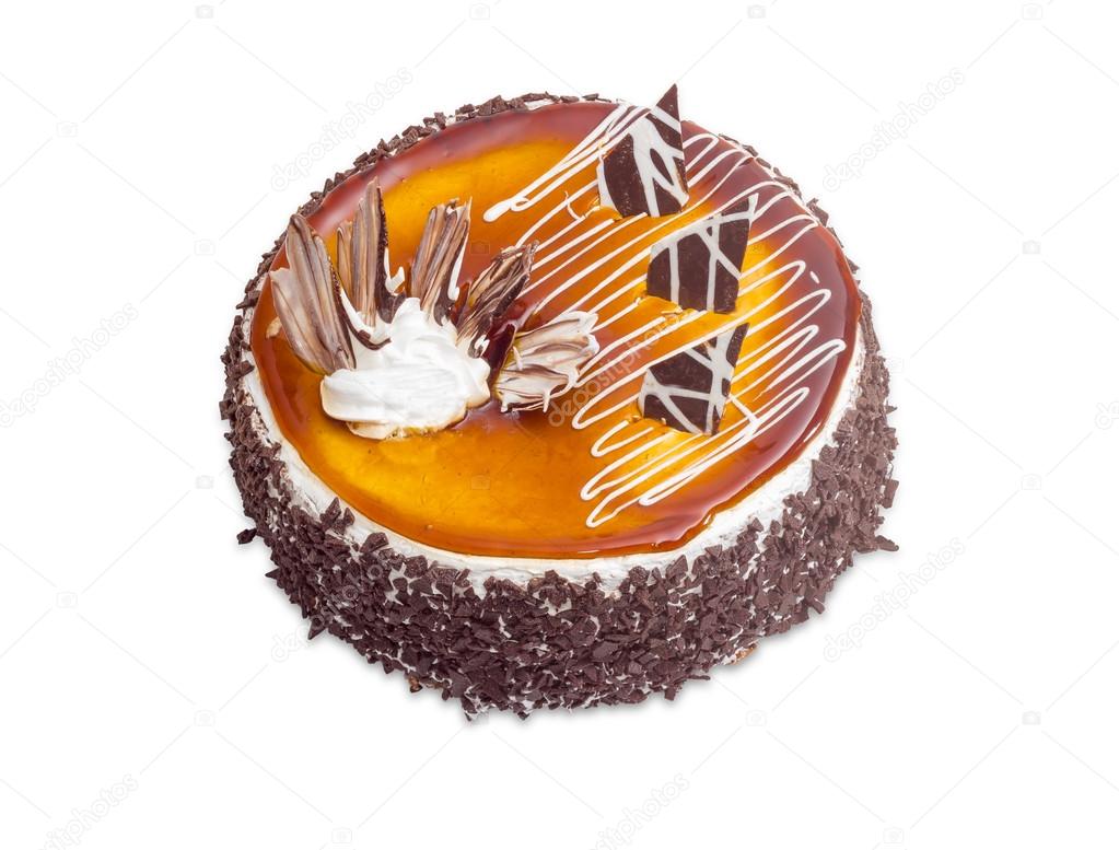 Sponge cake with jelly and chocolate on a light background