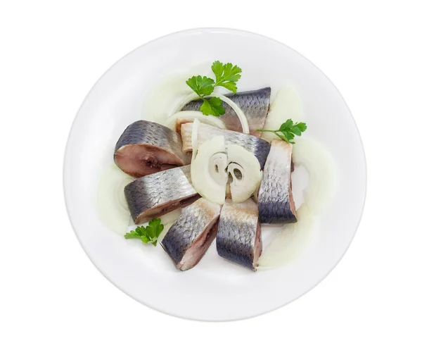 Sliced pickled atlantic herring on a white dish — Zdjęcie stockowe