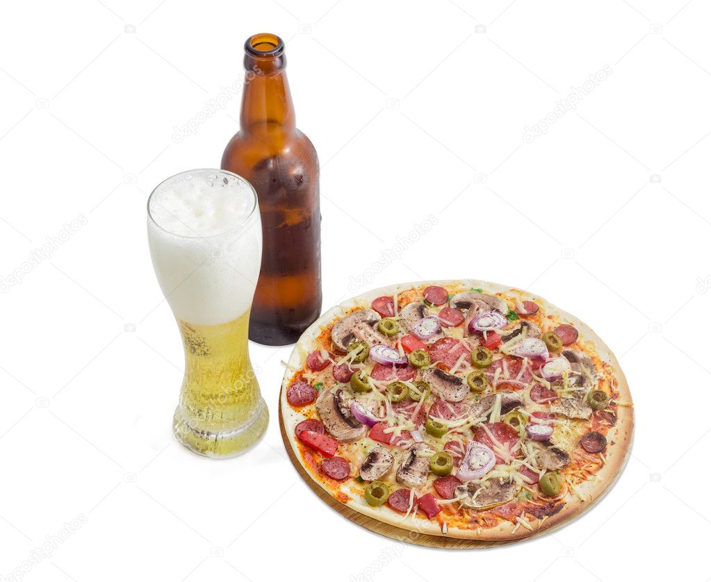 Pizza with sausage and lager beer on a light background