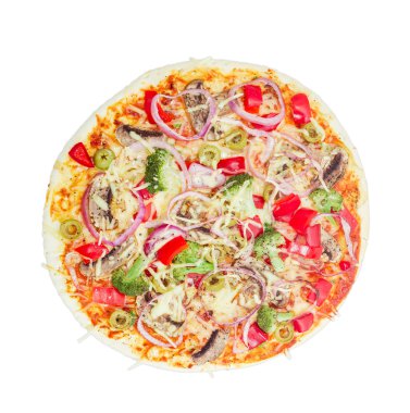 Vegetarian pizza with vegetables, mushrooms and olives  clipart