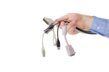 Connectors for computers and gadgets in a man hand