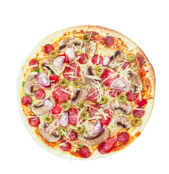 Pizza aux saucisses, champignons et olives sur fond clair — Photo