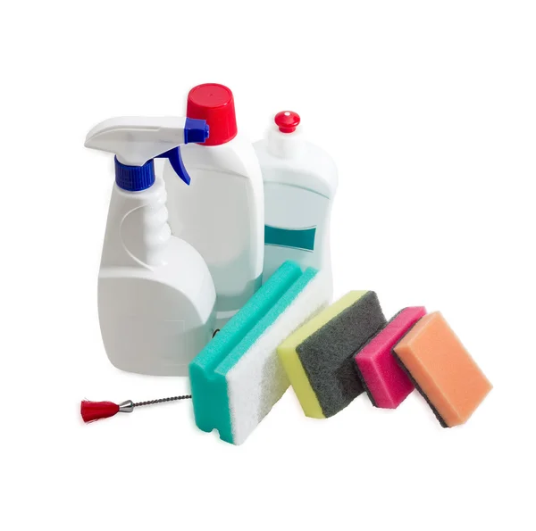 Varias esponjas de limpieza, botellas de agente de limpieza, lavavajillas — Foto de Stock