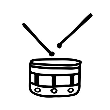 Çocuklar için boyama kitabı için beyaz bir zemin üzerine izole edilmiş bir oyuncak davul ve güzel bir el çizimi siyah vektör çizimi. müzik aleti