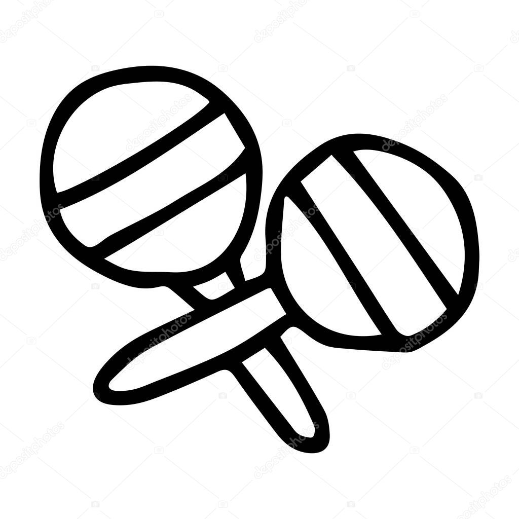 A Beautiful hand-drawn black vector illustration of a pair of toy maraca isolated on a white background for coloring book for children. musical instrument