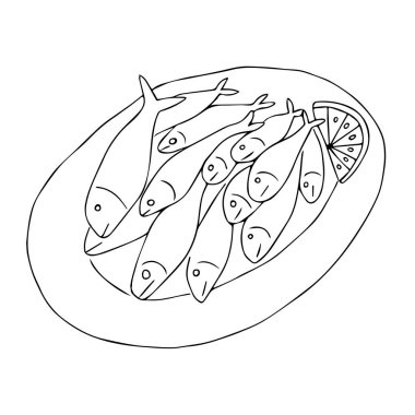 Tabağındaki limonlu kızarmış balığın, tatil ya da akşam yemeği için beyaz arka planda izole edilmiş siyah bir el çizimi vektör çizimi.