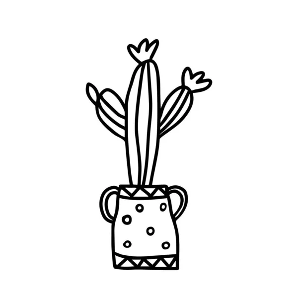 Esquema negro dibujo a mano vector ilustración de una planta de cactus cereus decorativo en una olla aislada sobre un fondo blanco — Vector de stock