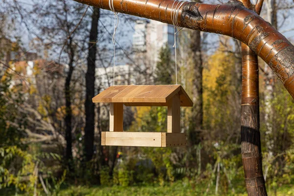 Een Prachtige Nieuwe Gele Vogel Eekhoorn Feeder Huis Van Triplex — Stockfoto