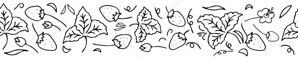 A vector decor seamless pattern outline black set of strawberries with flowers and leaves bordure isolated on a white background