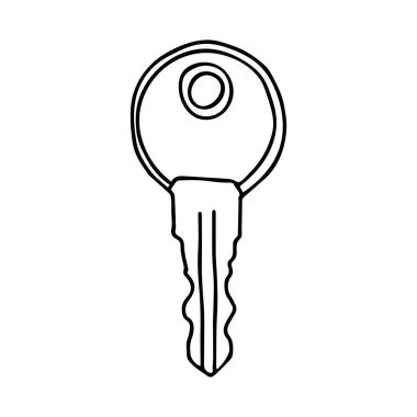 Beyaz arkaplanda izole edilmiş metalik anahtarın el çizimi siyah vektör çizimi