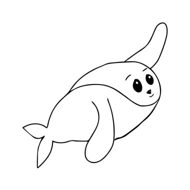 Beyaz arka planda izole edilmiş güzel, mutlu bir balinanın çizilmiş siyah vektör çizimi.