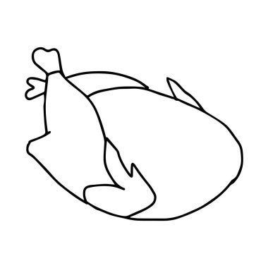 Beyaz arka planda izole edilmiş bir kızarmış tavuğun siyah el çizimi tasviri veya yemek kitabı için akşam yemeği.