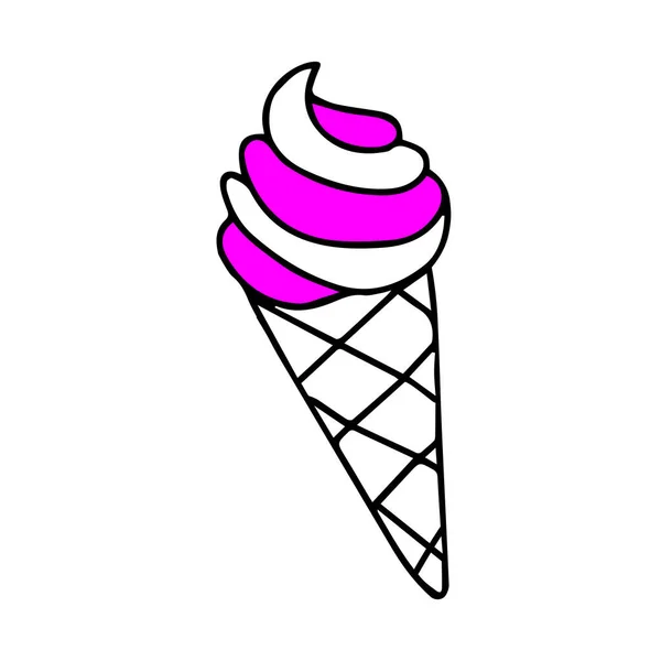 Illustrazione Vettoriale Disegnata Mano Nera Gelato Fresco Rosa Freddo Cono — Vettoriale Stock