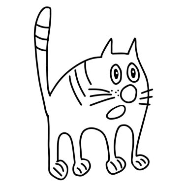 Bir El, siyah vektör illüstrasyonunu çizmiş. Beyaz bir arka planda, büyük üzgün gözleri olan güzel, korkmuş bir kedinin portresi.